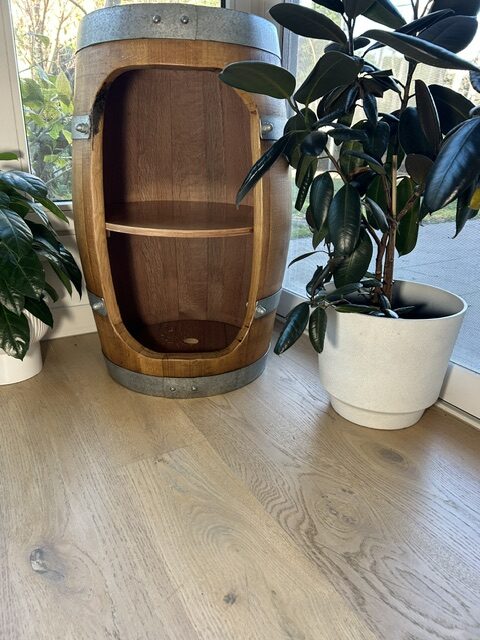 Barrel cabinet, front view with door open showing internal shelf